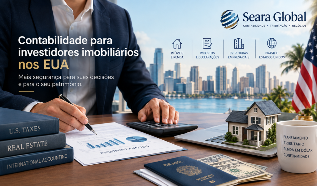 Contabilidade para investidores imobiliários nos EUA com planejamento tributário e organização financeira.
