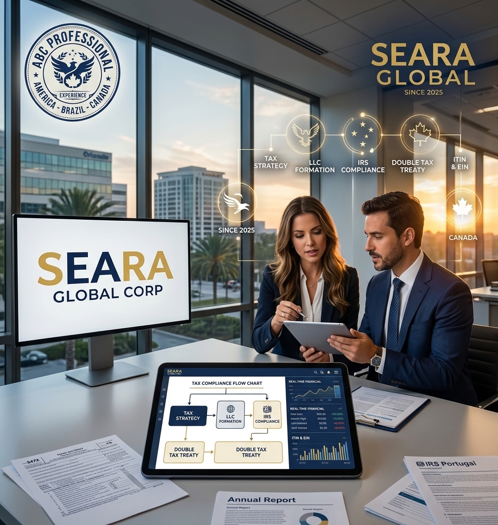 Profissional da Seara Global explicando compliance tributário para imigrantes, ITIN e declaração de impostos nos Estados Unidos.