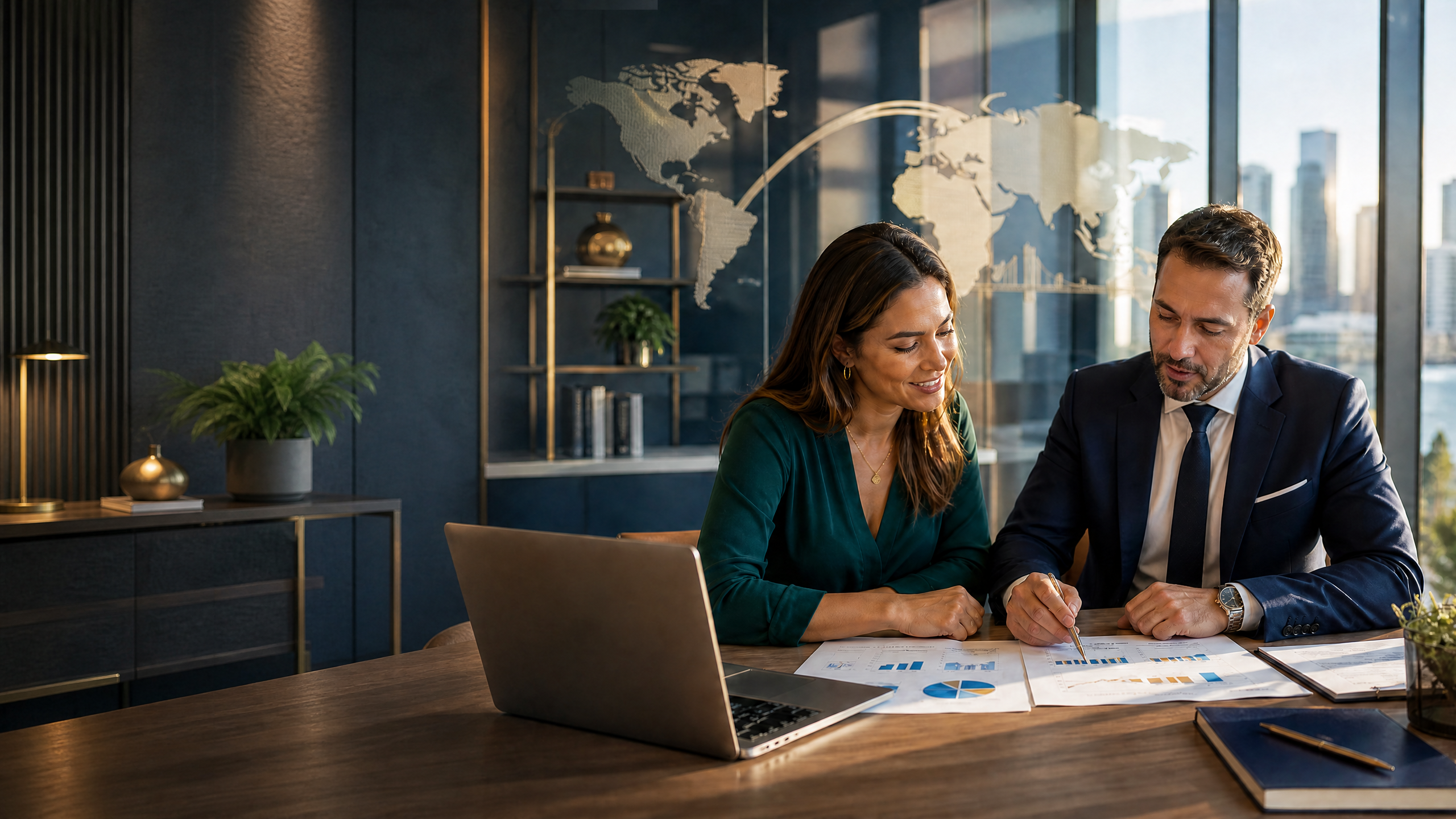 Profissional de contabilidade analisando documentos corporativos e mapa-múndi em escritório da Seara Global em Orlando, Flórida.